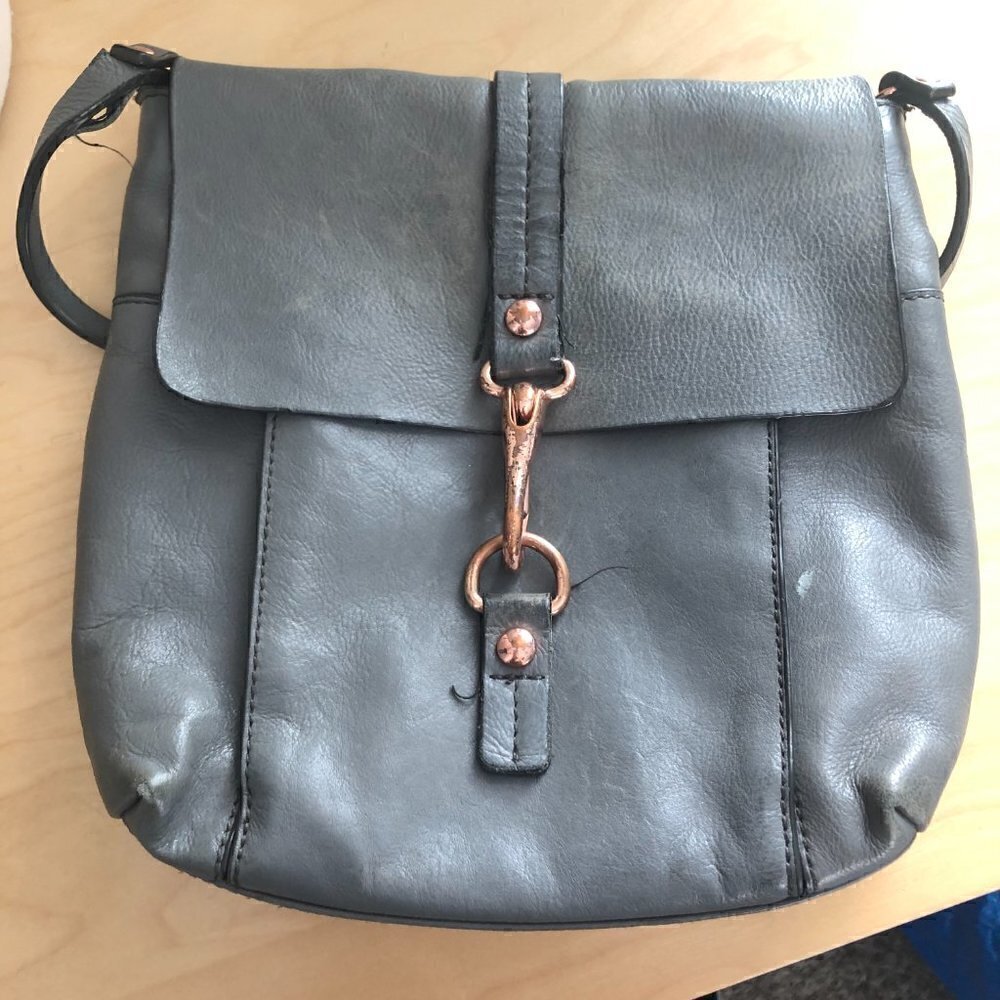 KOOBA Leather Crossbody Saddle Bag Distressed Gray & Rose Gold - Picture 12 of 12